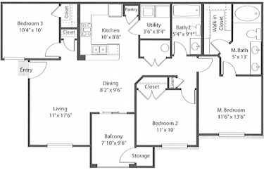 1121 sqft 3 bed 2 bath Milano